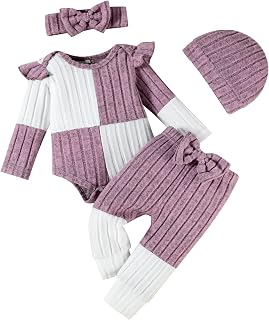 Newborn Baby Girl Clothes Color Block Romper Pants Headband Hat 4Pcs | 4-piece outfit, ribbed knit fabric, long sleeve romper, cute fly sleeves, matching bow pants, fall & winter wear, 0-18M