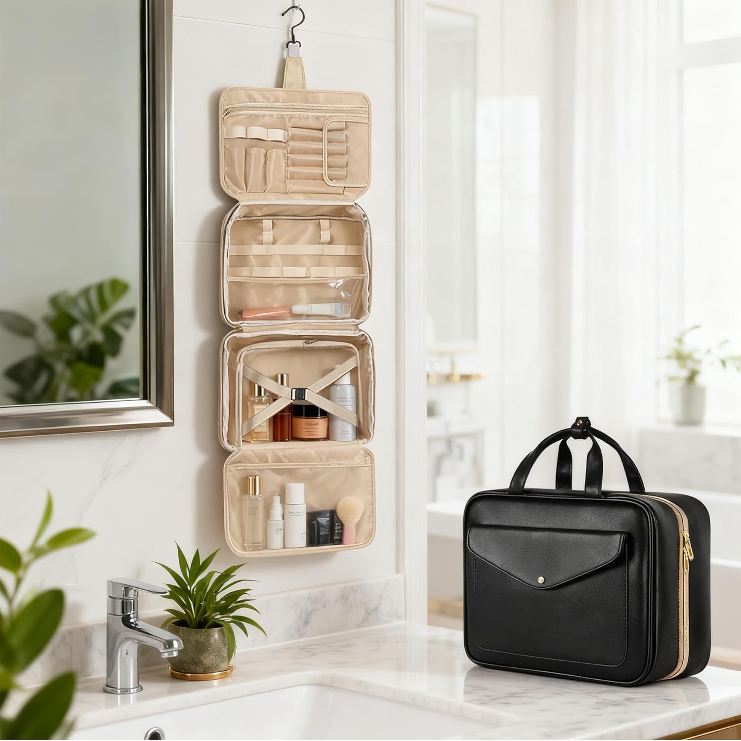 Portable Travel Toiletry Bag for Women Make Up Organizer with Hanging Hook Waterproof PU Leather Cosmetic Bags with 4 Compartments 13 * 9 * 5 Inches Black