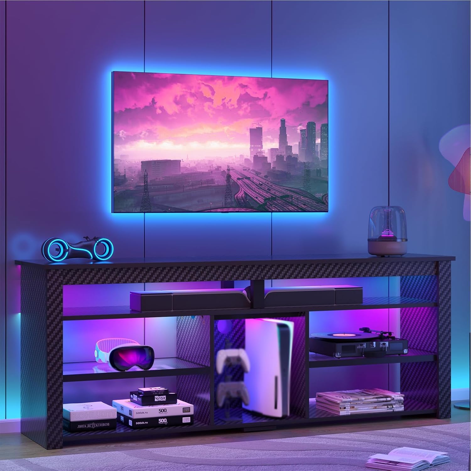 Bestier TV Stand for 70 inch TV, Tall Entertainment Center with 2 Led Lights, Gaming TV Console with Storage for PS5, Modern TV Cabinet for Bedroom, Living Room, Black Carbon Fiber
