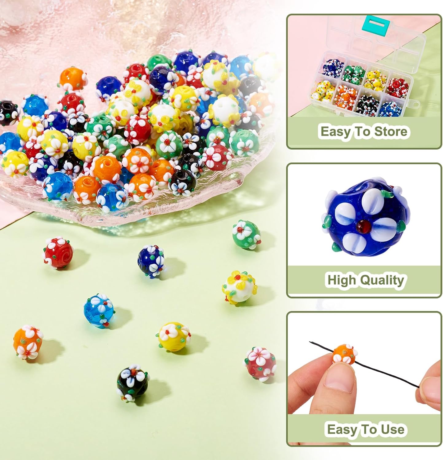 Craftdady 80pcs Handmade Bumpy Lampwork Glass Beads 8 Colors Rondelle Round with Flower Loose Spacer Beads 11~12mm for Bracelet Necklace Jewelry Crafts Making