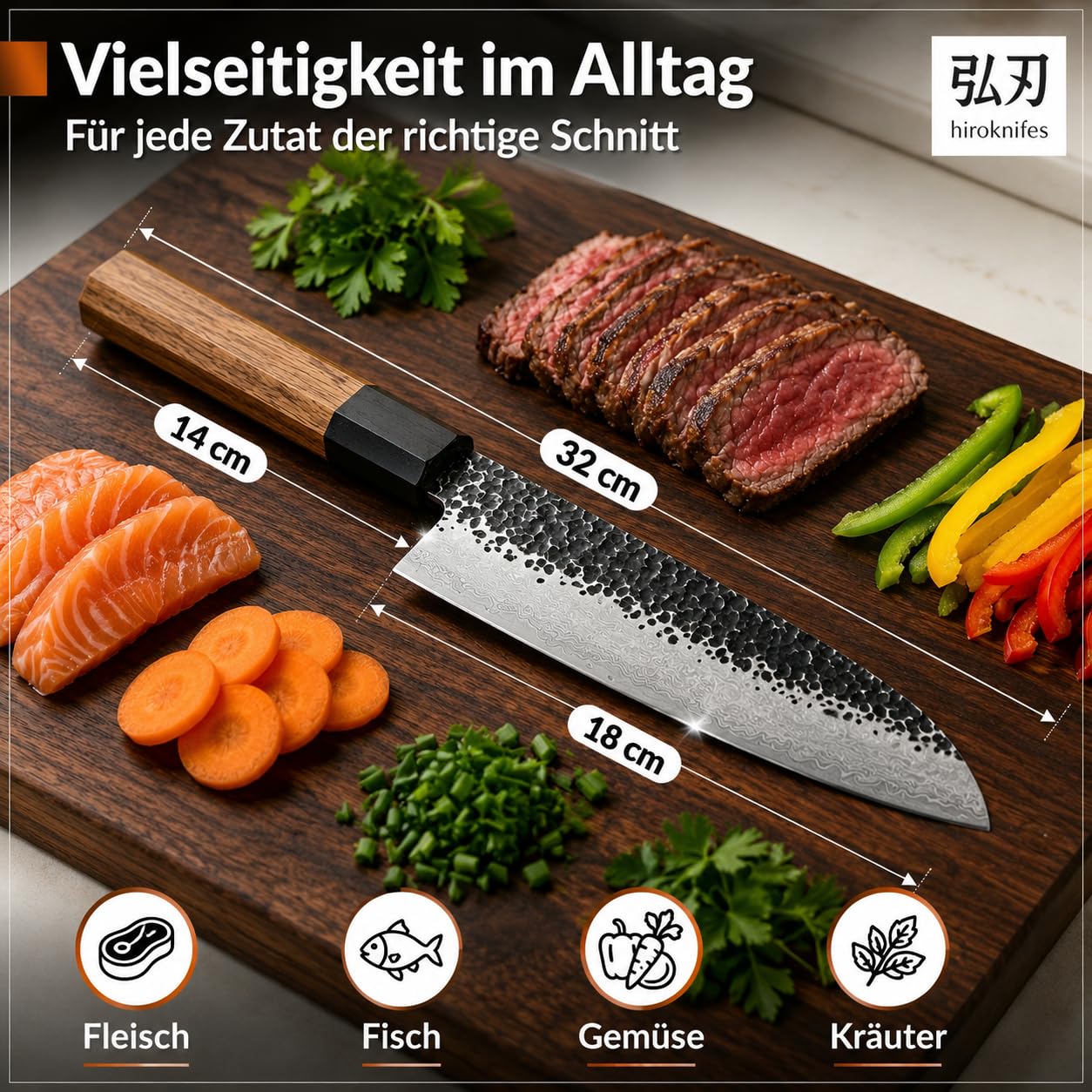 Kochmesser Damastmesser 18cm – Santoku Messer Japanisches Küchenmesser scharf – 67 Lagen VG10 Damaststahl – Kochmesser Profi Fleischmesser – Ebenholz Griff + Geschenkbox