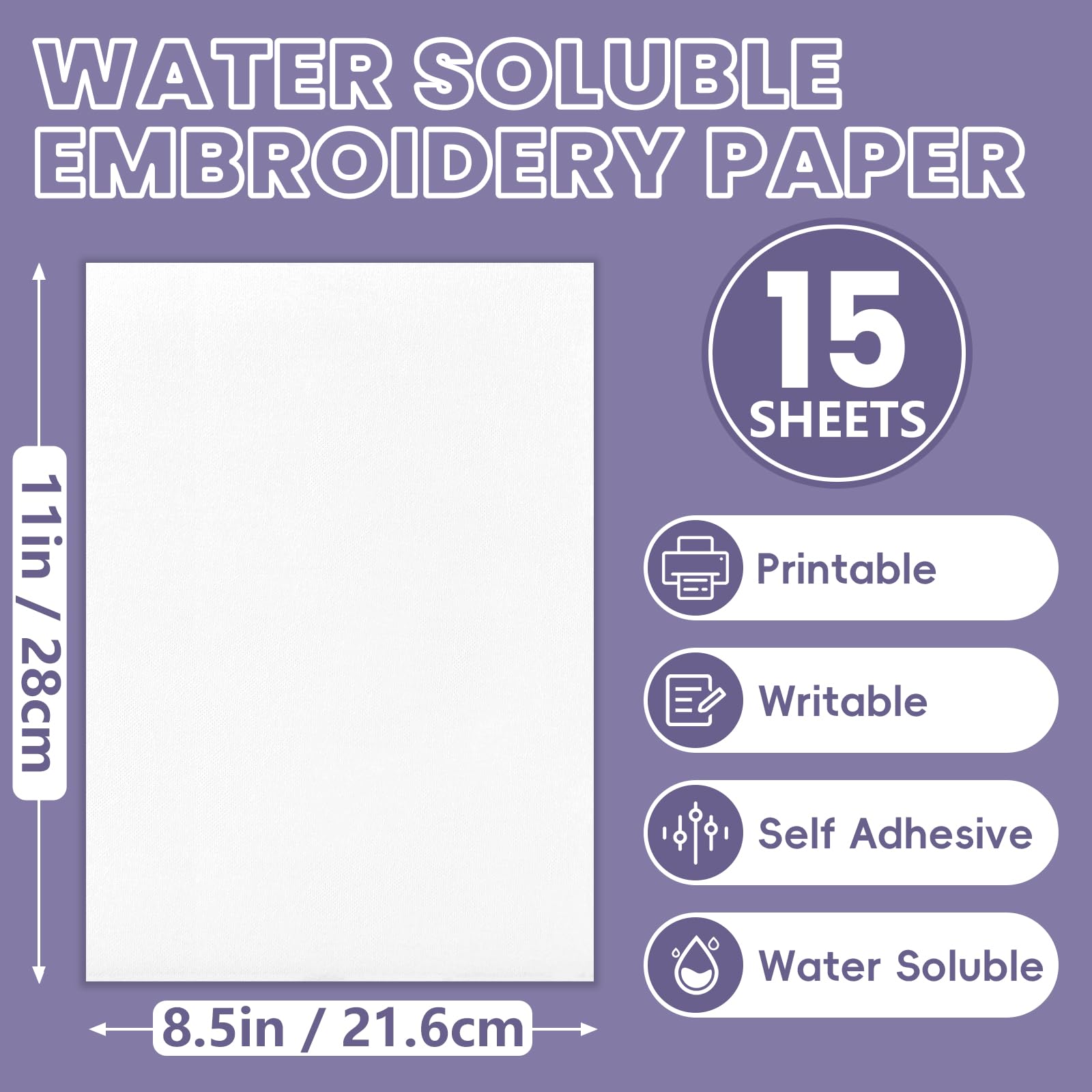 15 estabilizadores de bordado solubles en agua pegajosos de 8.5 x 11 pulgadas, papel de bordado soluble en agua imprimible, papel de bordado soluble para imprimir o dibujar patrones para bordado a