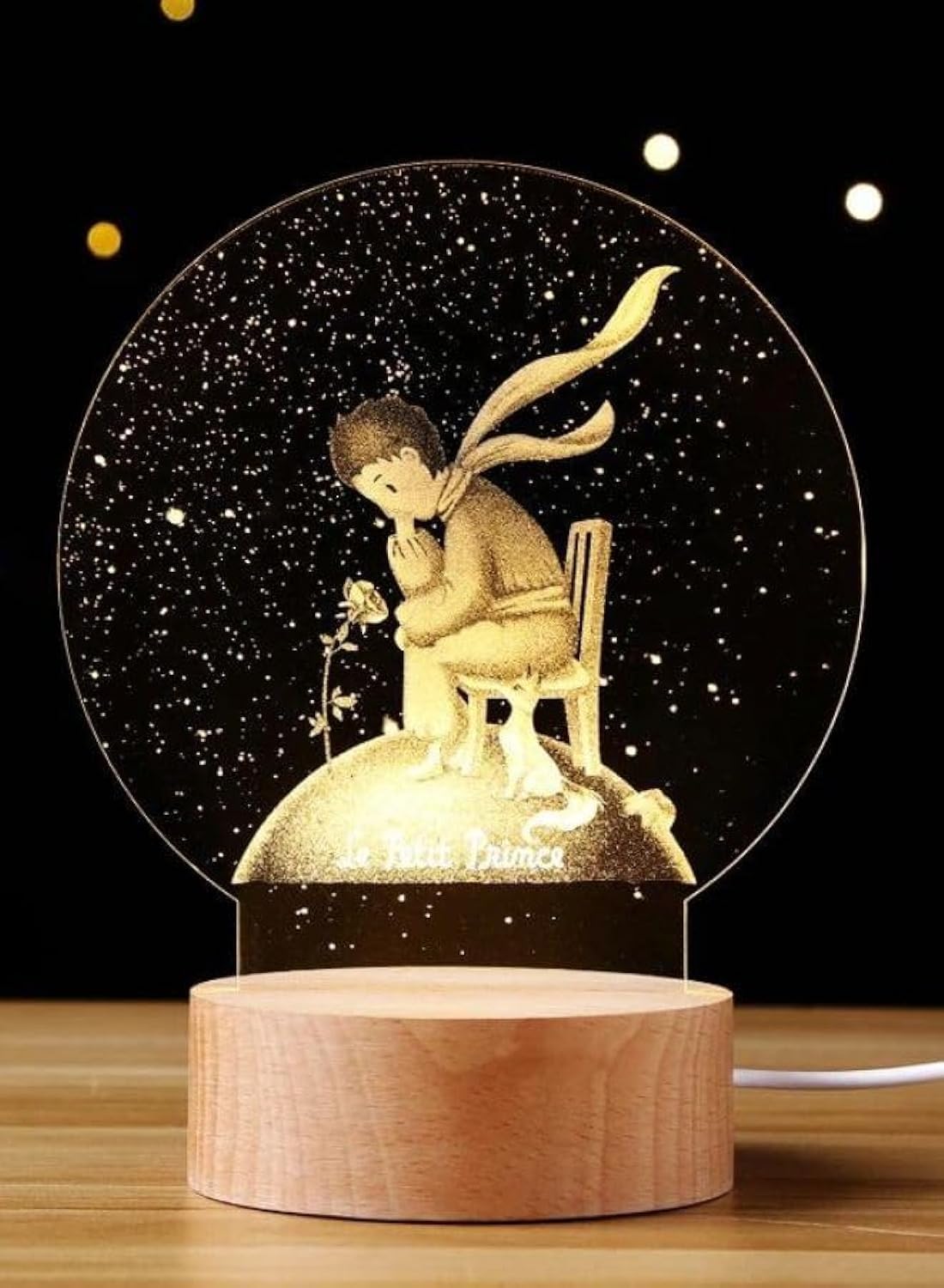 3D Acrylic Little Prince Night Light Table Lamp with Wooden Base – Ideal Gift for Birthday, Anniversary & Home Décor