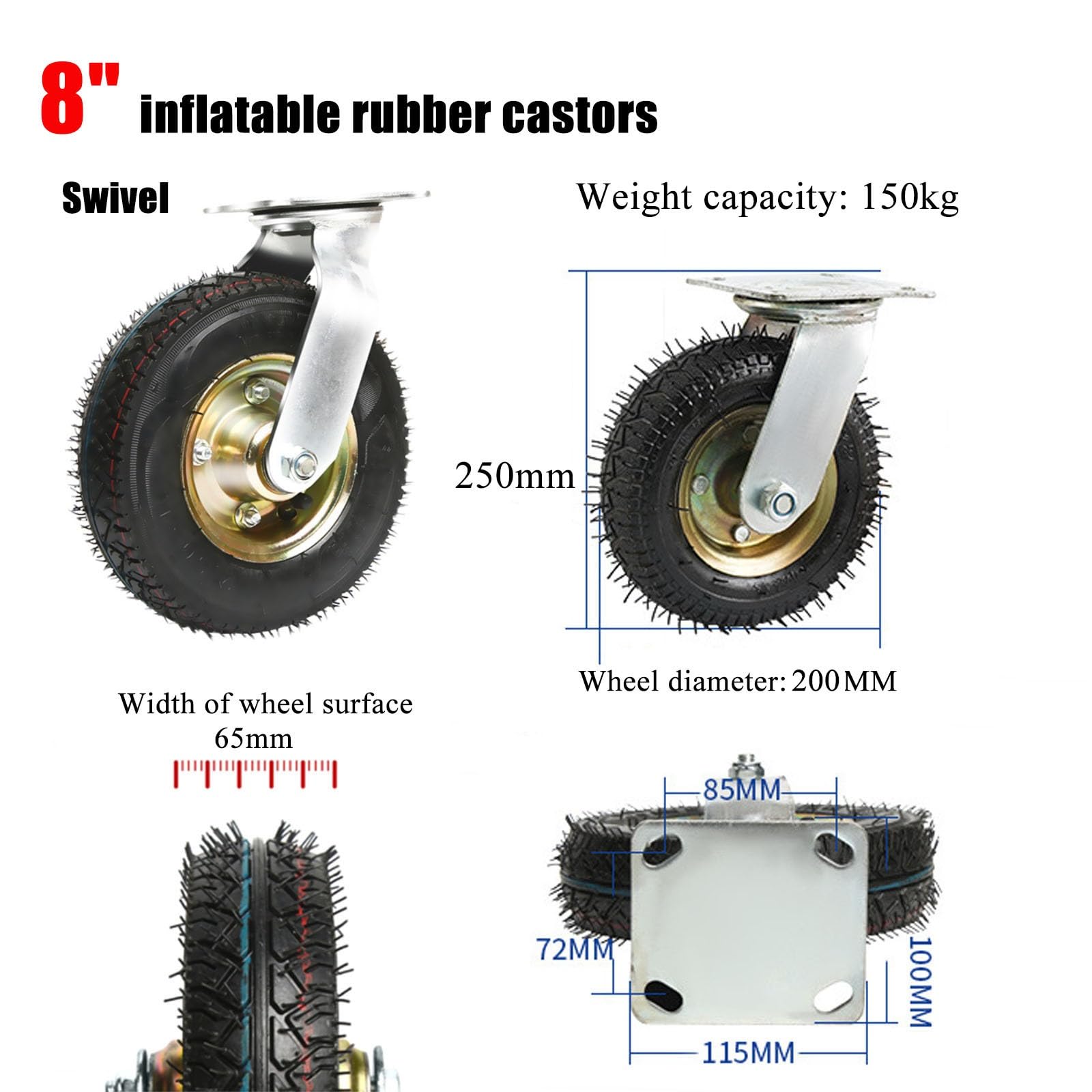 Ruedas giratorias, Paquete de 2, Ruedas Resistentes de 6", 8" y 10", Ruedas giratorias, Ruedas neumáticas con Tornillos, Ruedas silenciosas, Ruedas fijas, Ruedas de Transporte, par