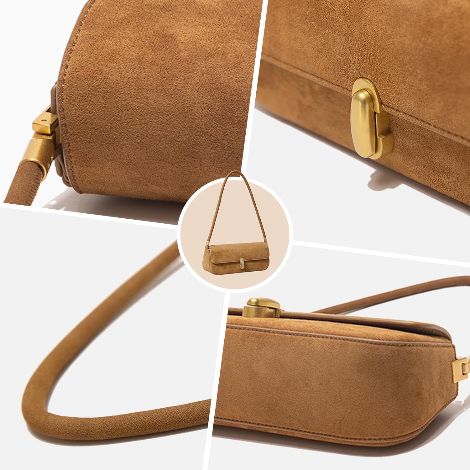 Shoulder Bag with Lock Buckle, Medium Size,Shoulder Bag Underarm Purse (Suede Brown) - Image 6