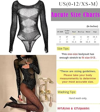 Sparkly Rave Outfits for Women, Sexy Hollow See Through Mesh Fishnet Long Sleeve Rhinestone Bodysuit Tops
