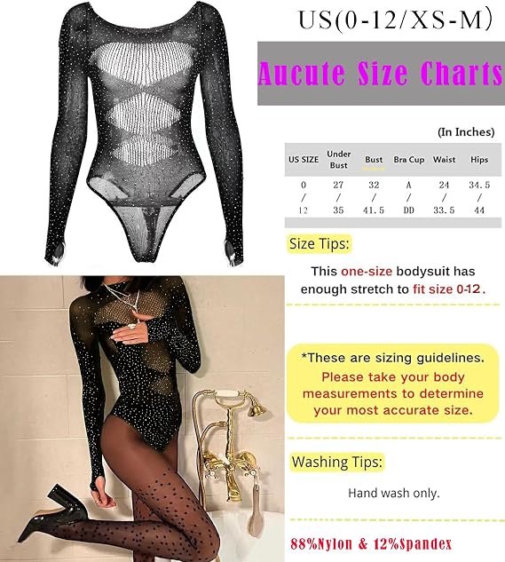 Sparkly Rave Outfits for Women, Sexy Hollow See Through Mesh Fishnet Long Sleeve Rhinestone Bodysuit Tops