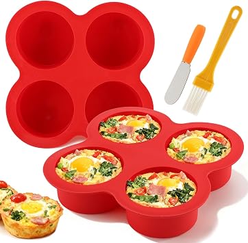2 Pack Silicone Egg Bite Molds with 1 Spatula & 1 Brush, 4 Cups Silicone Air Fryer Baking Pan Non-Stick for Egg Bites, Cupcake, Tart, Frittata, Quiche, Muffins, Cornbread