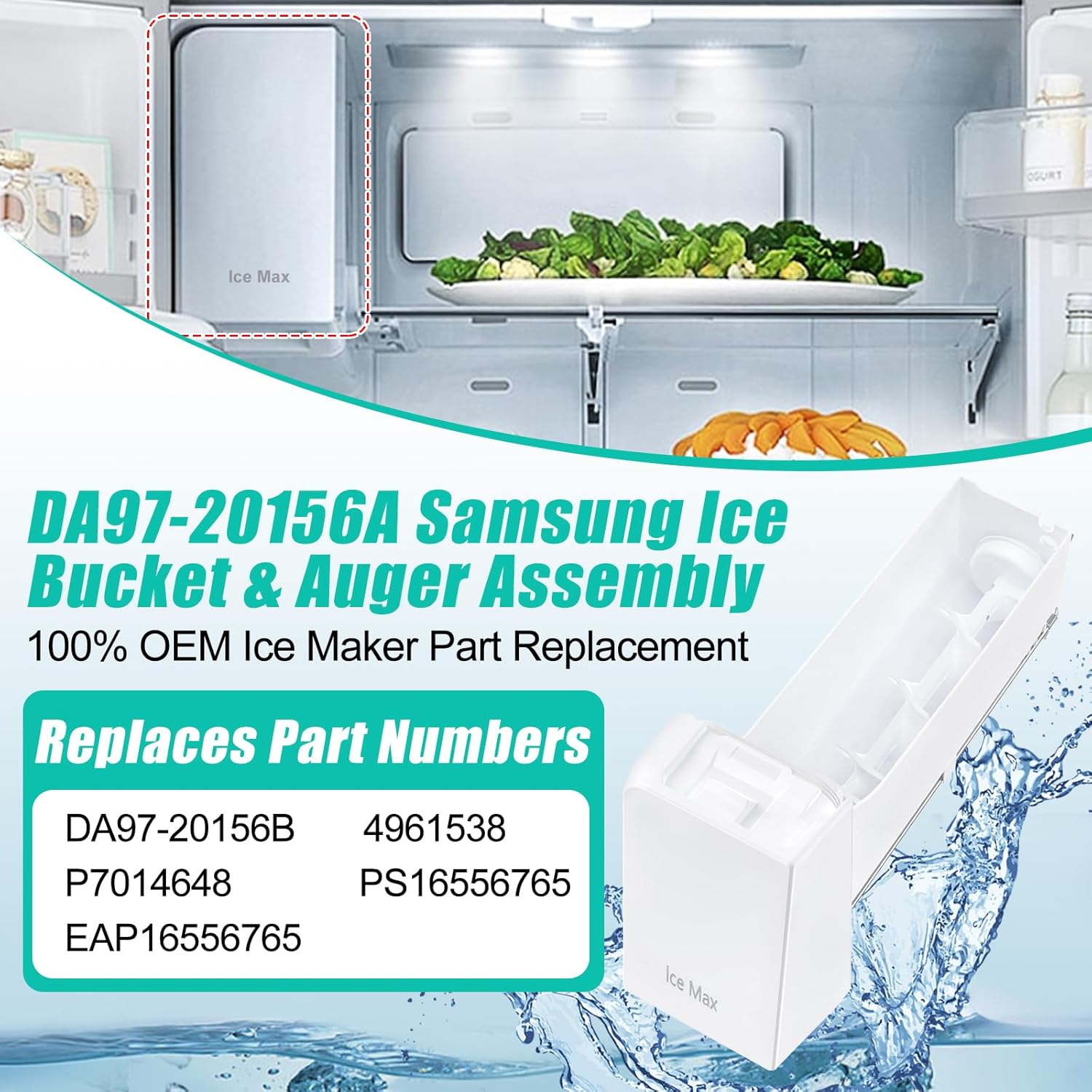Upgraded DA97-20156A Refrigerator Ice Maker Replacement for Samsung Ice Bucket w/Latch Plate DA97-20156B Assy Tray Ice Bin Part Fit RF28HMEDBSR, RF28R6201SR, RF28R7201SR, RF28R7351SG Ice Container
