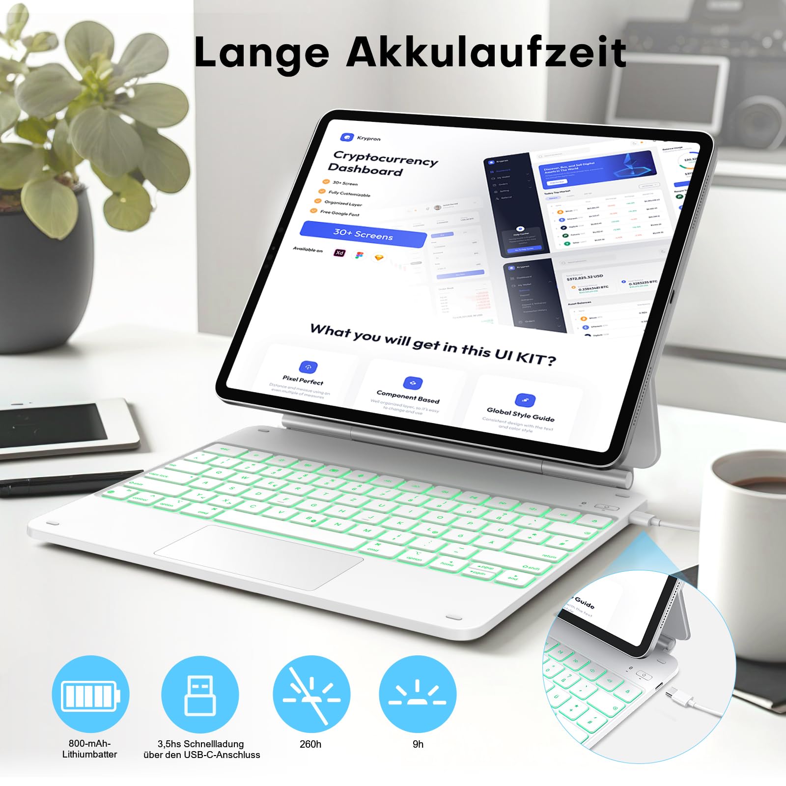 TECURS Magic Keyboard do iPad Air 13" (M3/M2, 2025/2024), etui klawiatura do iPada Pro 12.9 (6/5/4/3 generacji), QWERTZ, gładzik Multi-Touch, wolnounoszący się stojak, biały