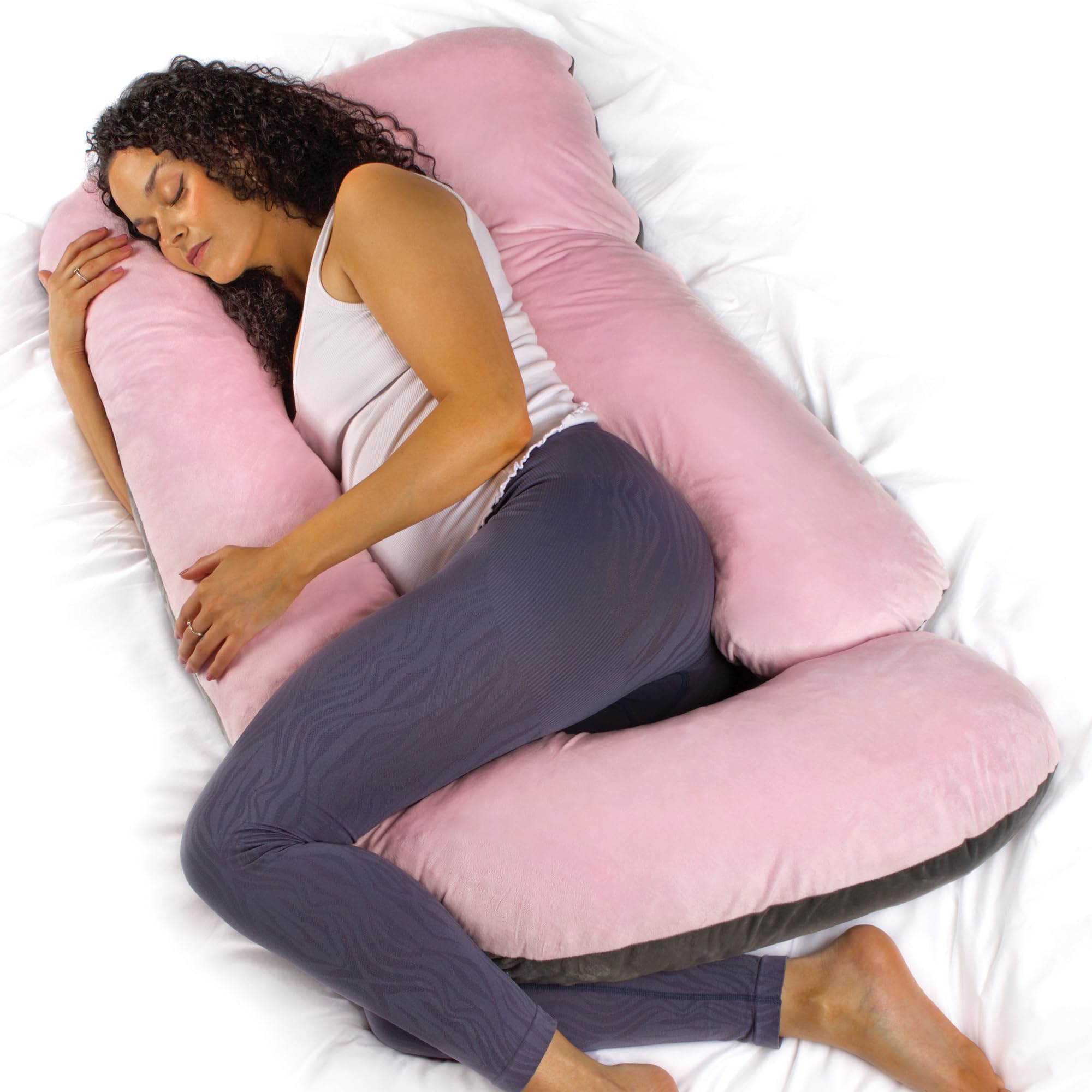 Aamira Pink & Dark Grey Two-tone Pregnancy Pillow, J Shaped 140x70cm Shredded Memory Foam Maternity Pillow, Full Body Support Pregnancy Pillows for Sleeping, Machine Washable & Removable Velvet Cover — image 1