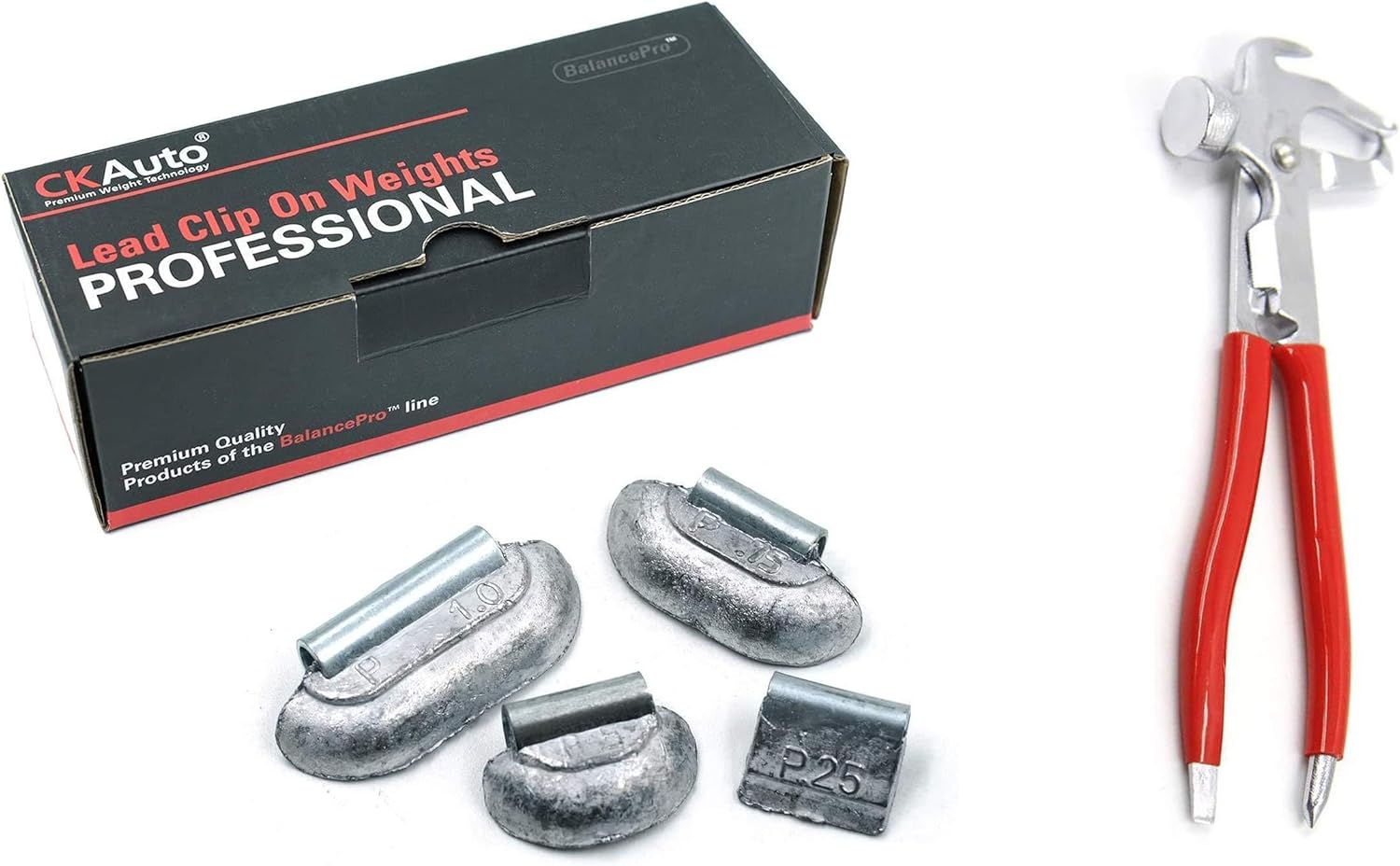 CKAuto P Style Uncoated 0.25oz -1.0oz Lead Clip on Wheel Weight Assortments, 25Pcs/ Style, Total 100Pcs/Box, W/Wheel Weight Hammer Tool