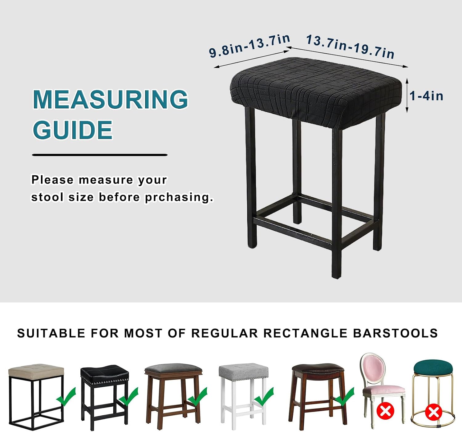 KRFOONN Stool Covers Rectangle 4 Pack Bar Stool Covers Stretch Chair Seat Slipcovers Washable Stools Cushion Covers Jacquard Saddle Seat Slipcover for Counter Height Bar Stools Kitchen, Black