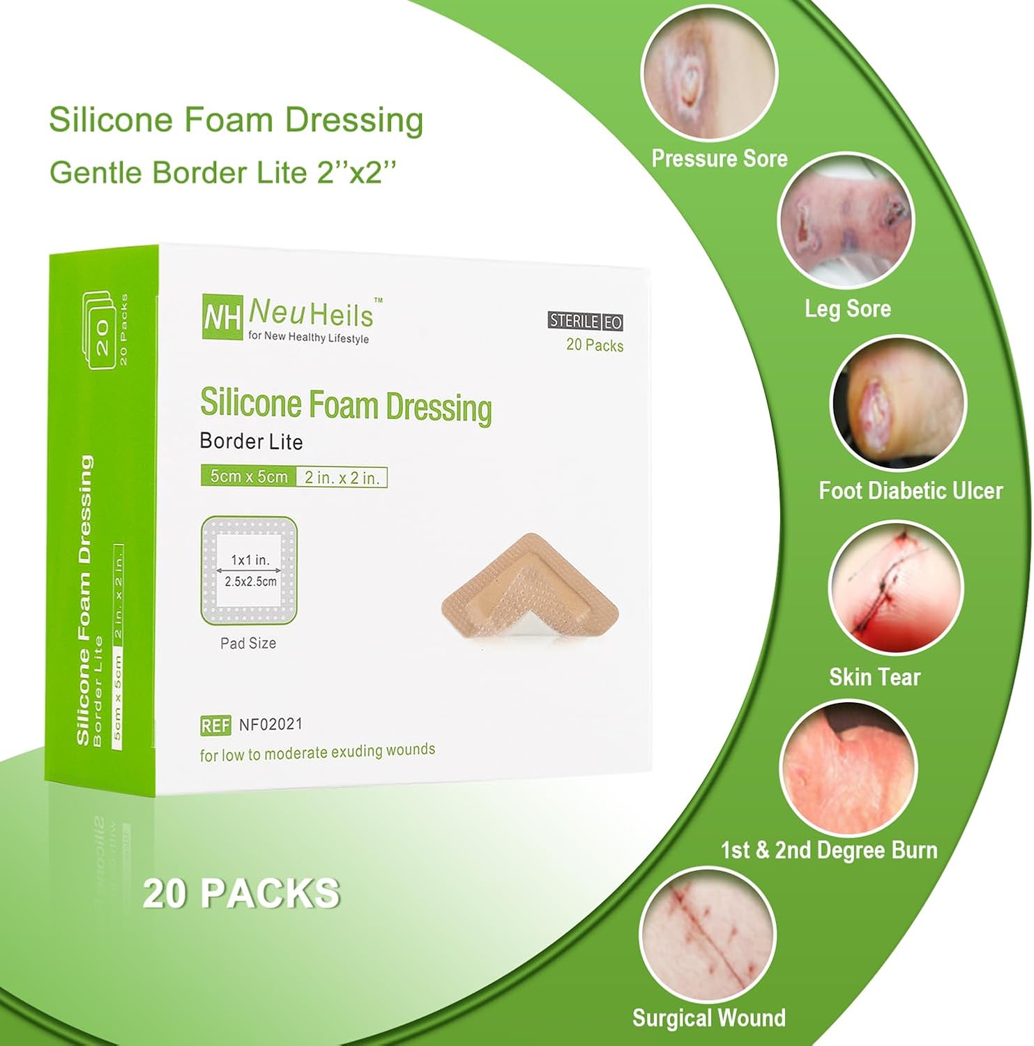  Silicone Foam Dressing Border Lite 2"x2", Pad 1"x1", 20 Pack | Small Pressure Ulcers, Leg Ulcers, Surgical Wounds & Skin Tears | High Absorbency, Painless Removal, Waterproof & Cushioned thumbnail