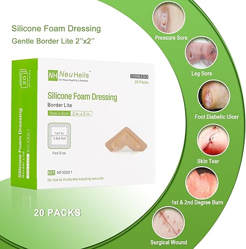 Miniatura 10 de Apósito de espuma de silicona con borde suave de 4 x 4 pulgadas, paquete de 20 unidades para úlcera de pierna adolorida de cama, alta absorción,