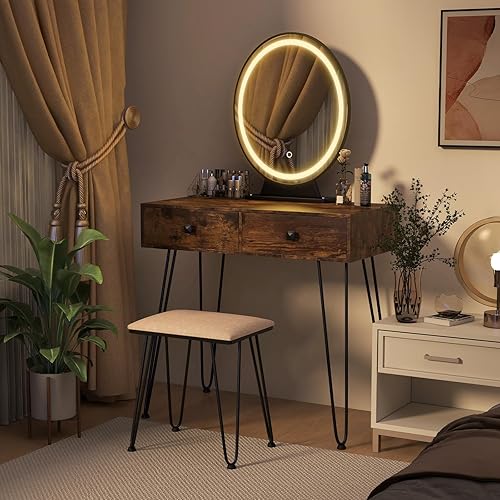 Miniatura 10 de COSTWAY Escritorio de tocador con espejo y luces, juego de tocador de maquillaje con 3 modos de iluminación de color y brillo ajustable, espejo de