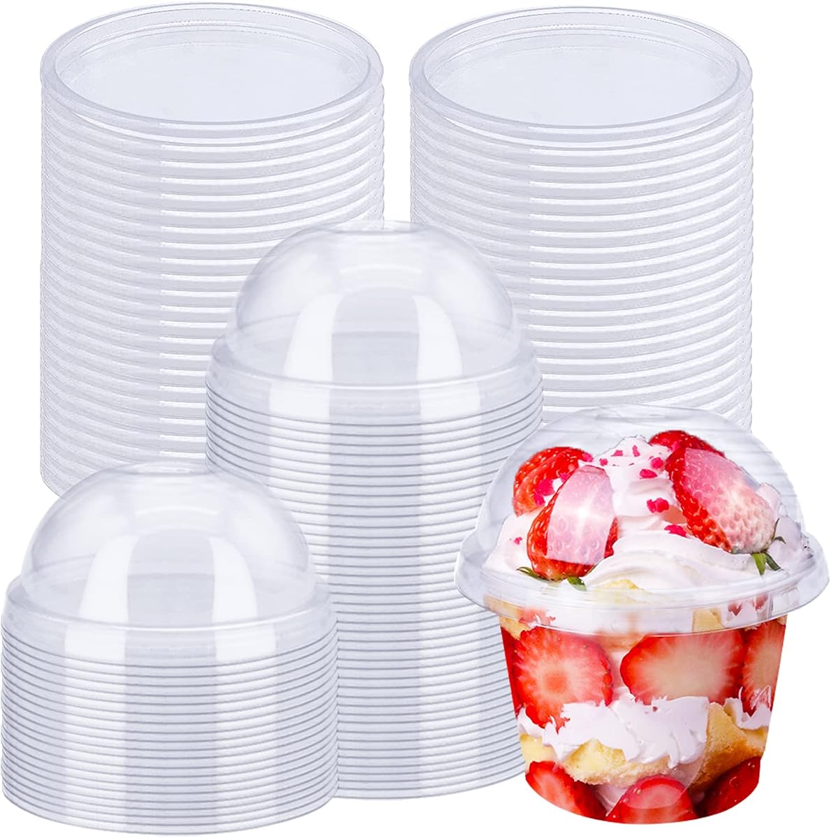 Alaeseje Paquete de 50 vasos de plástico transparente de 8 oz con tapas de cúpula (agujero en la tapa) | Tazas de plástico desechables para postre, cuencos para helado, magdalenas, frutas, parfait, pudín y gelatina, sin BPA, de calidad alimentaria