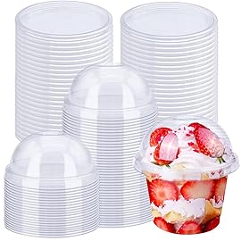 Alaeseje 50 Pack 8oz Disposable Clear Plastic Cups with Dome Lids(Hole in the Lid),PET Dessert Cups,Disposable Snack Bowls for Ice Cream,Cake,Fruit,Parfait, Pudding and Jello Shot