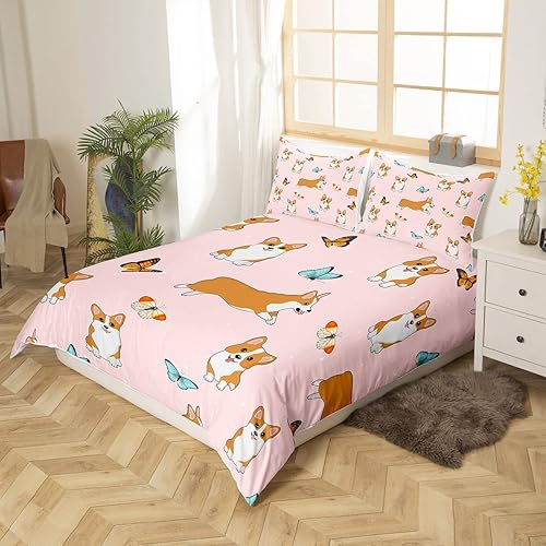 Miniatura 3 de Erosebridal Juego de ropa de cama de perro para niños, funda de edredón de Corgi lindo, juegos de cama multicolor con mariposas Kawaii, funda de