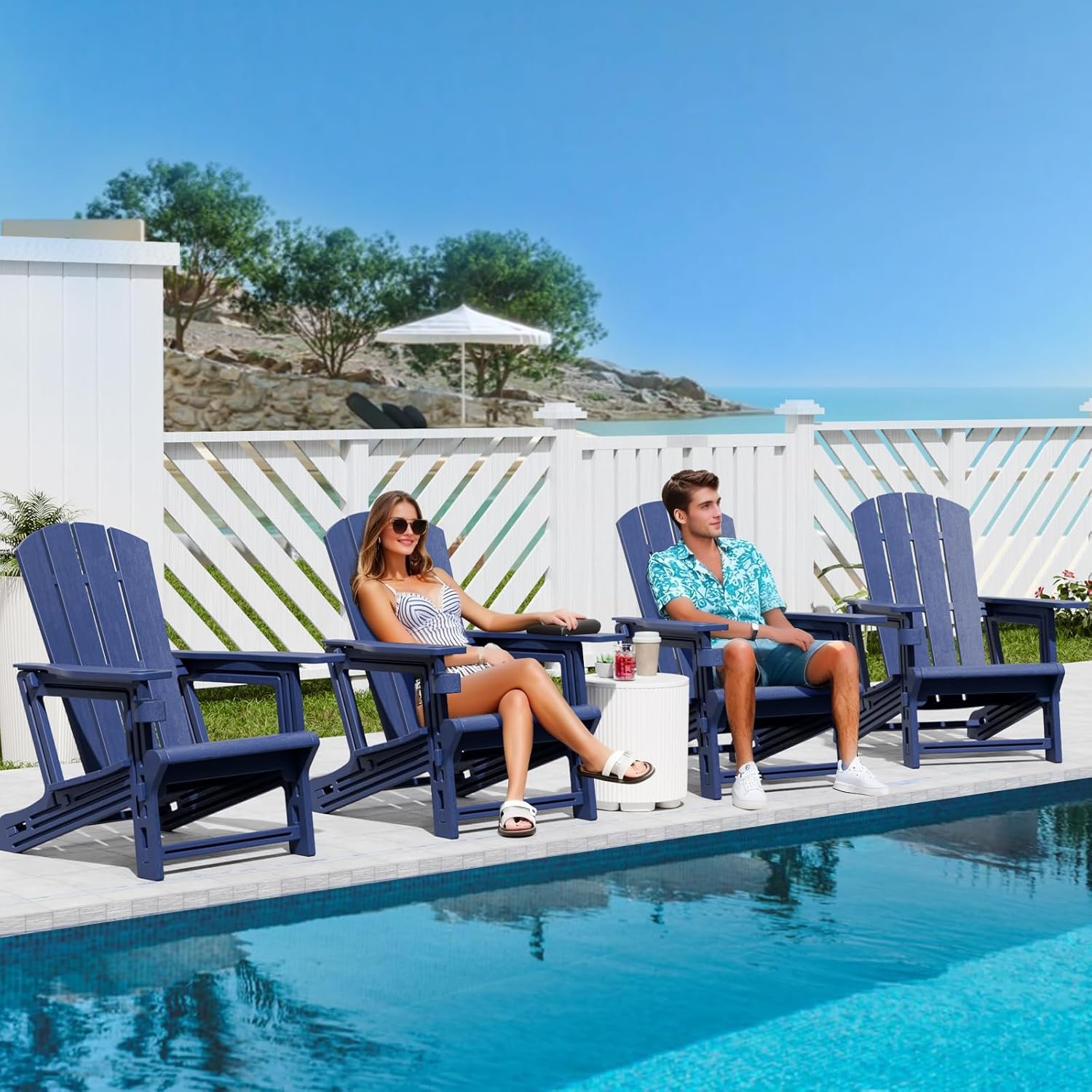 Adirondack Chair，Plastic Outdoor Chairs Without Screws Install，Patio Adirondack with Cup Holder，400 LBS Capacity Recliner Chair Garden Chair for Backyard Lawn Beach Navy Blue
