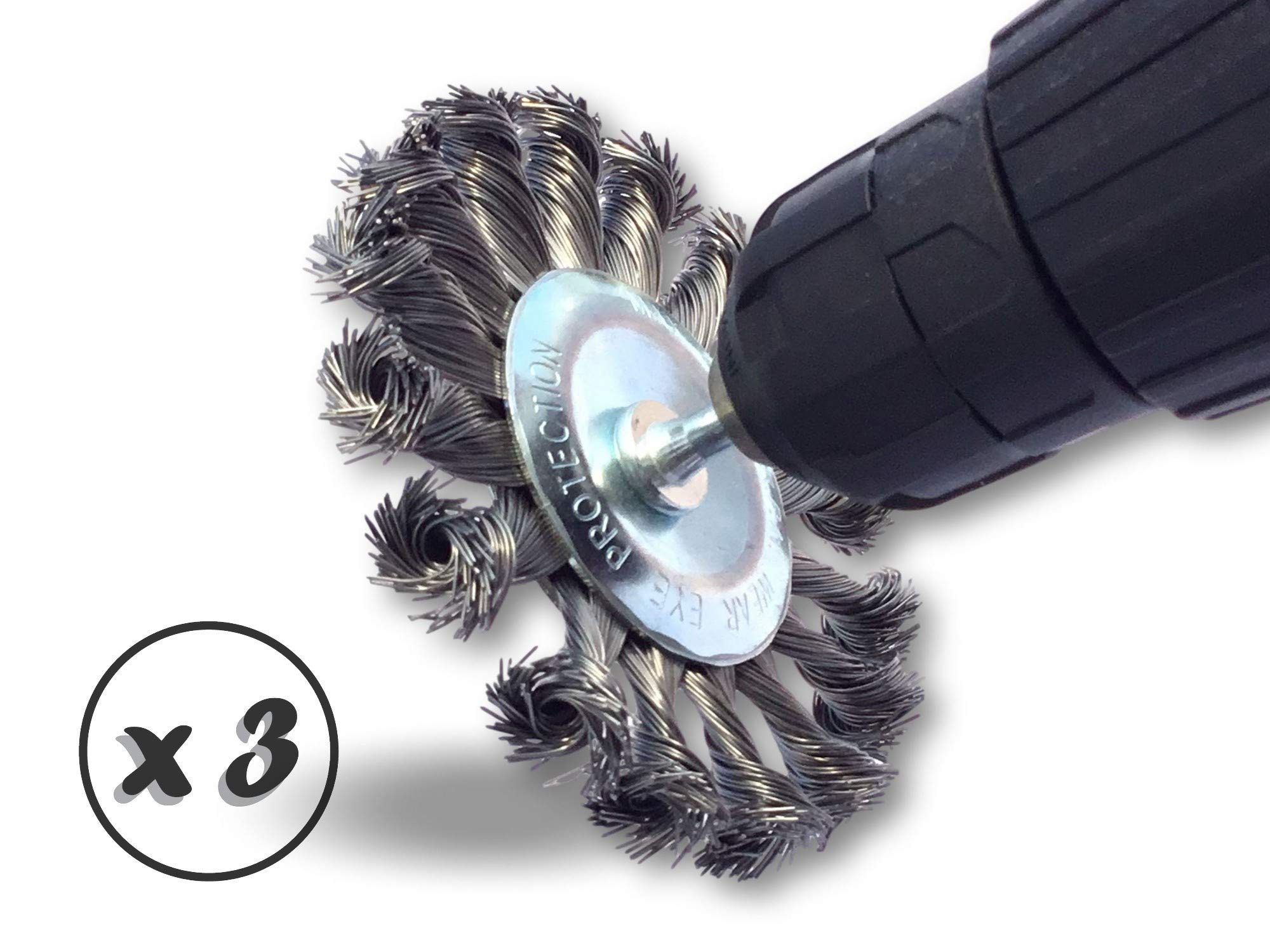 Lot de 3 brosses circulaires métallique plates à mèches torsadées pour perceuse | Ø 100 mm | Fil acier torsadé 0.40 mm (dur) | Sur tige Ø 6 mm | Ponçage décapage rouille peinture | Kibros 26100TO8x3