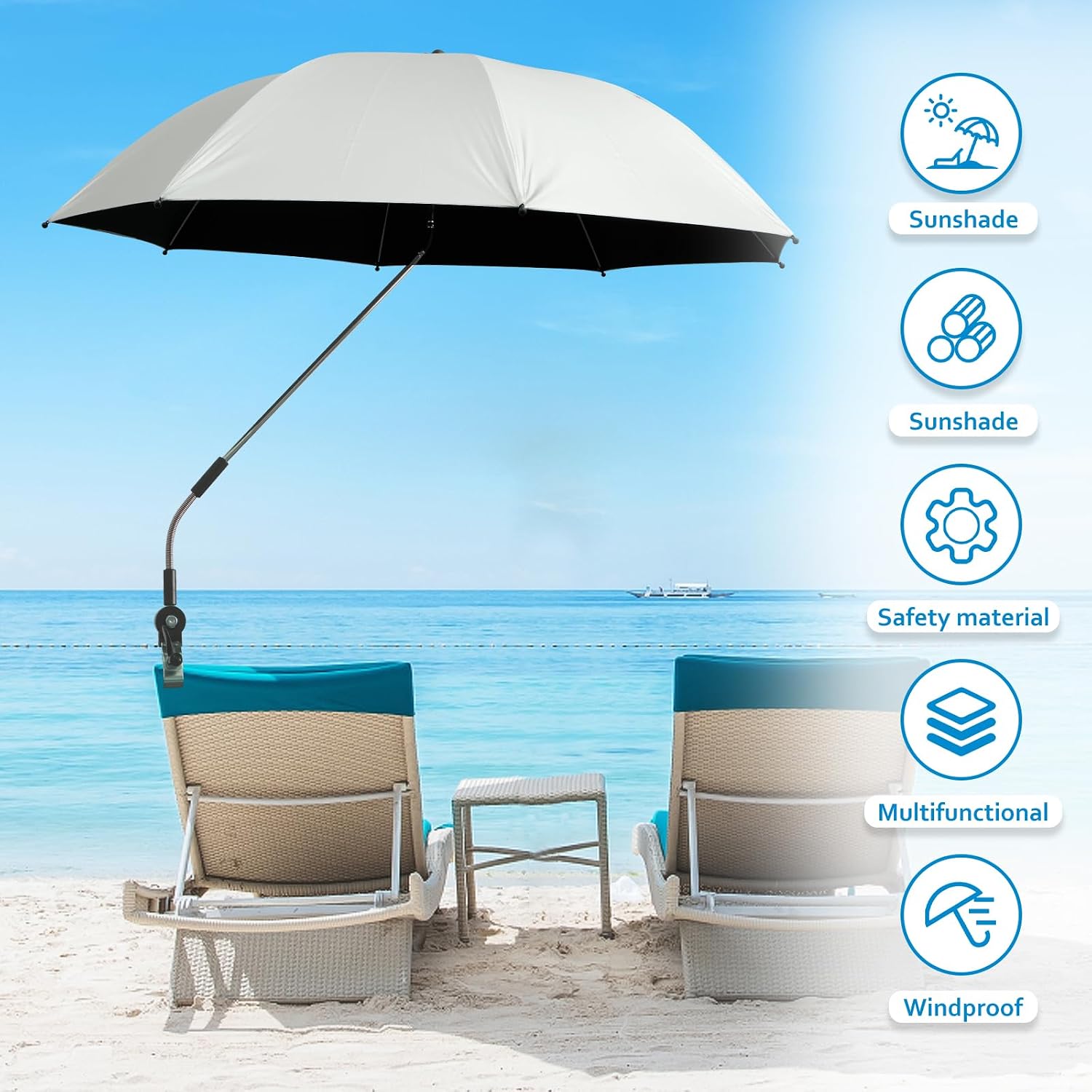 42 Inch Beach Umbrella with Universal Clamp, 360 Adjustable Shade Umbrella, Portable Outdoor Sunshade for Beach, Camping, Wheelchair