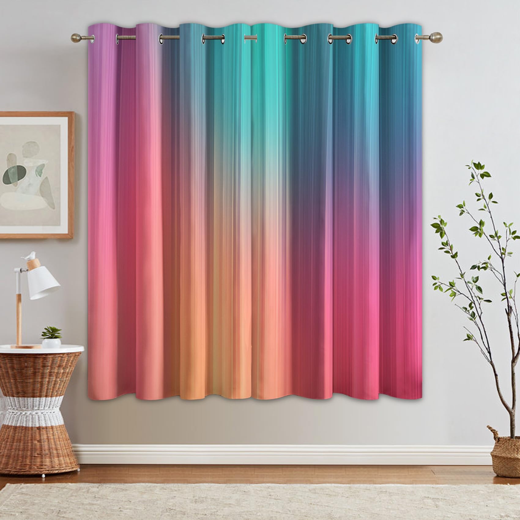 Mehrfarbig Streifen Farbverlauf Vorhänge, Ombre Verdunklungsvorhänge mit Ösen, Vorhang Blickdicht für Wohnzimmer Schlafzimmer Dekoration, Gardinen mit Muster, 2er Set, H 220 x B 140 cm, D#935