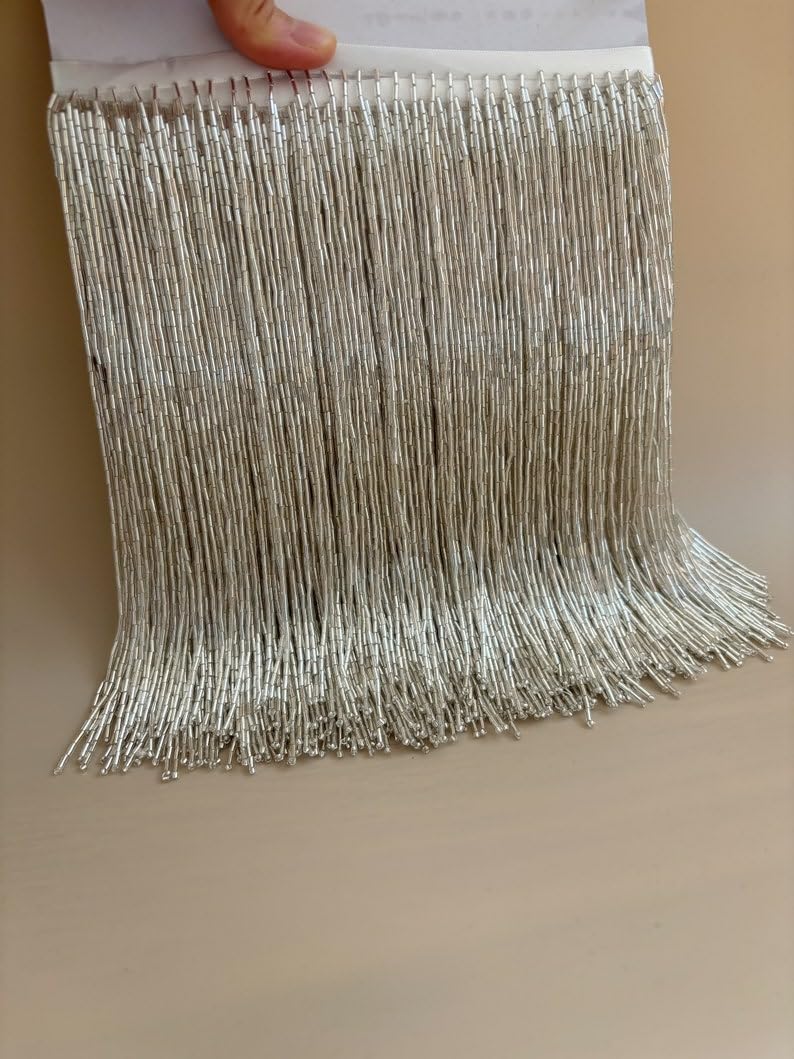 Premium Quality Silver Bead Fringe Trim for Haute Couture, Dance Costume, Party Decors, Bugle Bead Fringe Trim 20 cm Wide 5 Yard Pack