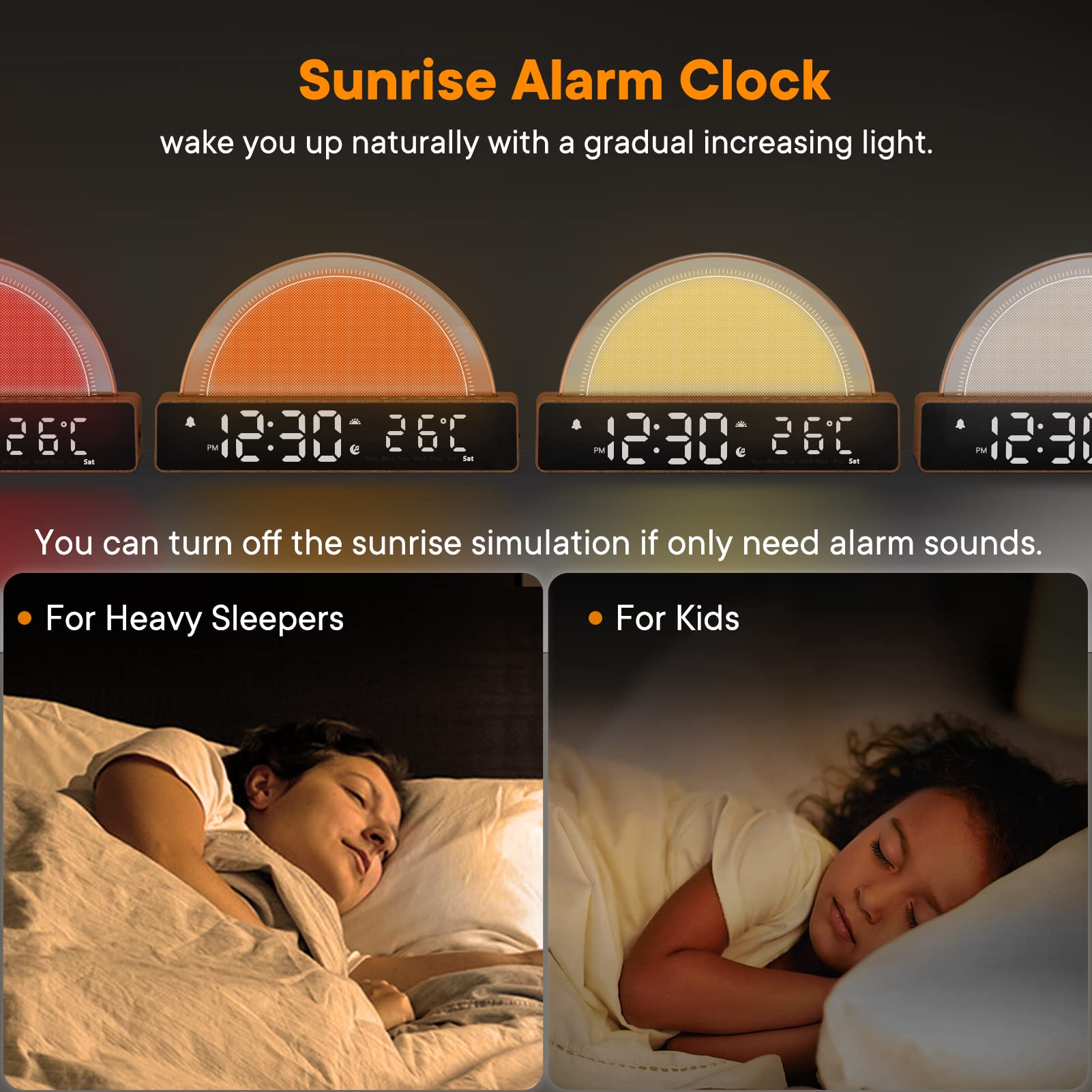Budzik ze światłem, budzik świetlny, White Noise Machine, lampka nocna, dotykowa, ściemniana, lampa stołowa z 10 trybami do spania, funkcja drzemki, timer/wskaźnik temperatury, stacja ładująca USB,