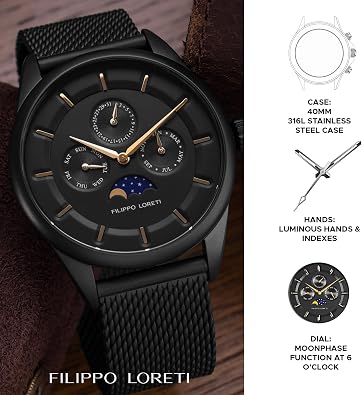 FILIPPO LORETI | Venice - Watches for Men, Moonphase, Multiphase - 40mm Stainless Steel Case, Japan Movement - Gift