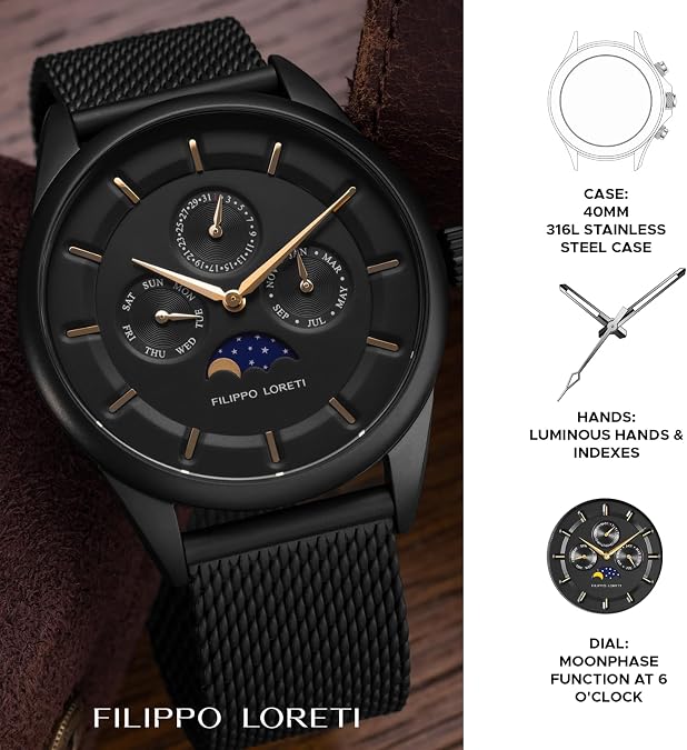 FILIPPO LORETI | Venice - Watches for Men, Moonphase, Multiphase - 40mm Stainless Steel Case, Japan Movement - Gift