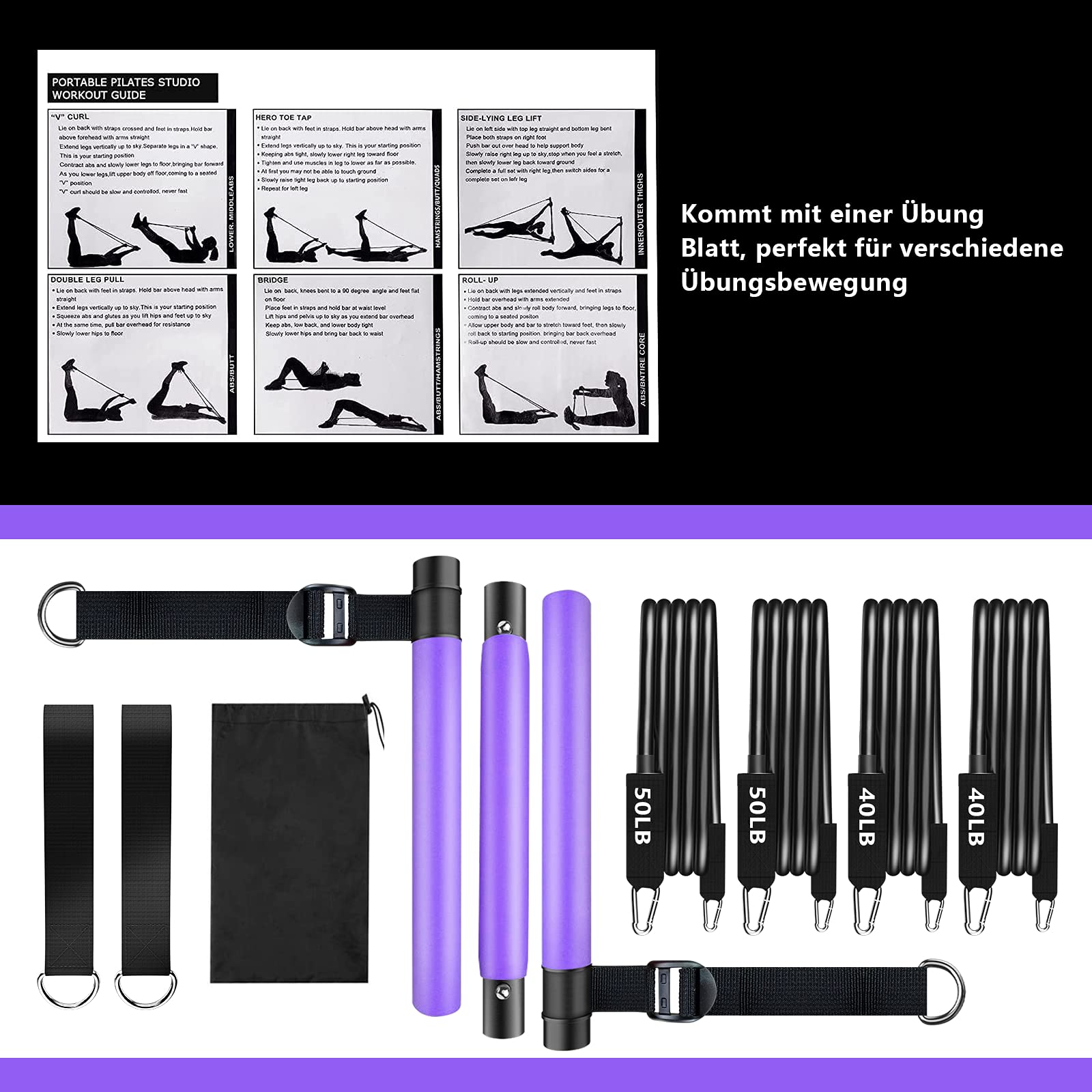Pilates bar Set, Einstellbarer Pilates Bar mit 4 Resistances Bands（40 LBSx2、50LBSx2） Schaumstoffgriff und Türanker. tragbare fitnessgeräte für zuhause, für Yoga, Stretch, Formen. (violett)