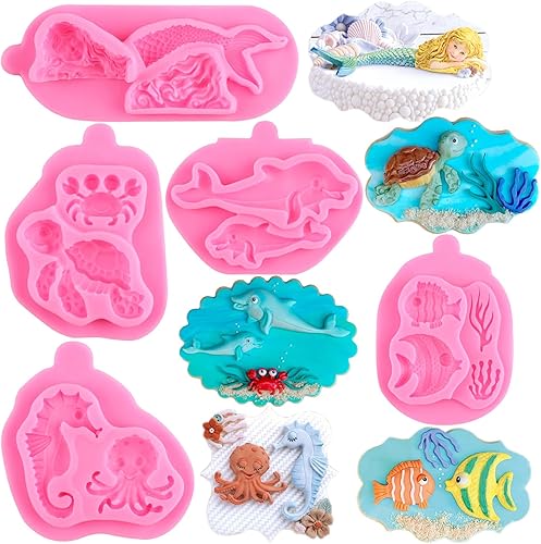 ZiXiang Marine Theme Cake Fondant Silicone Mold Mermaid Seahorse Sea Turtle Crab Dolphin Octopus Fondant Mold For Sugar Cake Decorating Cupcake