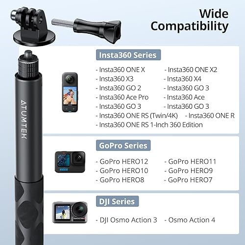 Miniatura 18 de ATUMTEK Palo selfie invisible de 45 pulgadas, poste monopie extendido de 1/4 pulgadas, diseño sólido y compacto para Insta360, para GoPro, DJI