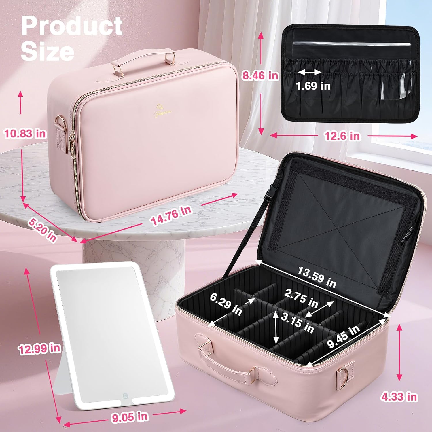 Faquenc Large Makeup Bag with LED Mirror,Travel Cosmetic Train Case for Makeup Artists,Makeup Organizer Case with Divider Rechargeable Vanity Mirror with 3 Color Lights for Barber,MUA,Nail Tech, Pink