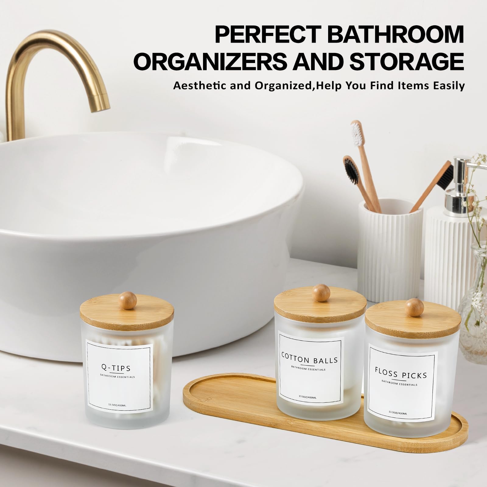 Qtip Halter Badezimmer-Set mit Tablett, 383 ml, Baumwolle, runder Ball-Pad-Halter, Wattestäbchen-Spender, Glas-Apothekergläser mit Deckel, Badezimmer-Organizer und Aufbewahrungsbehälter, 3 Stück