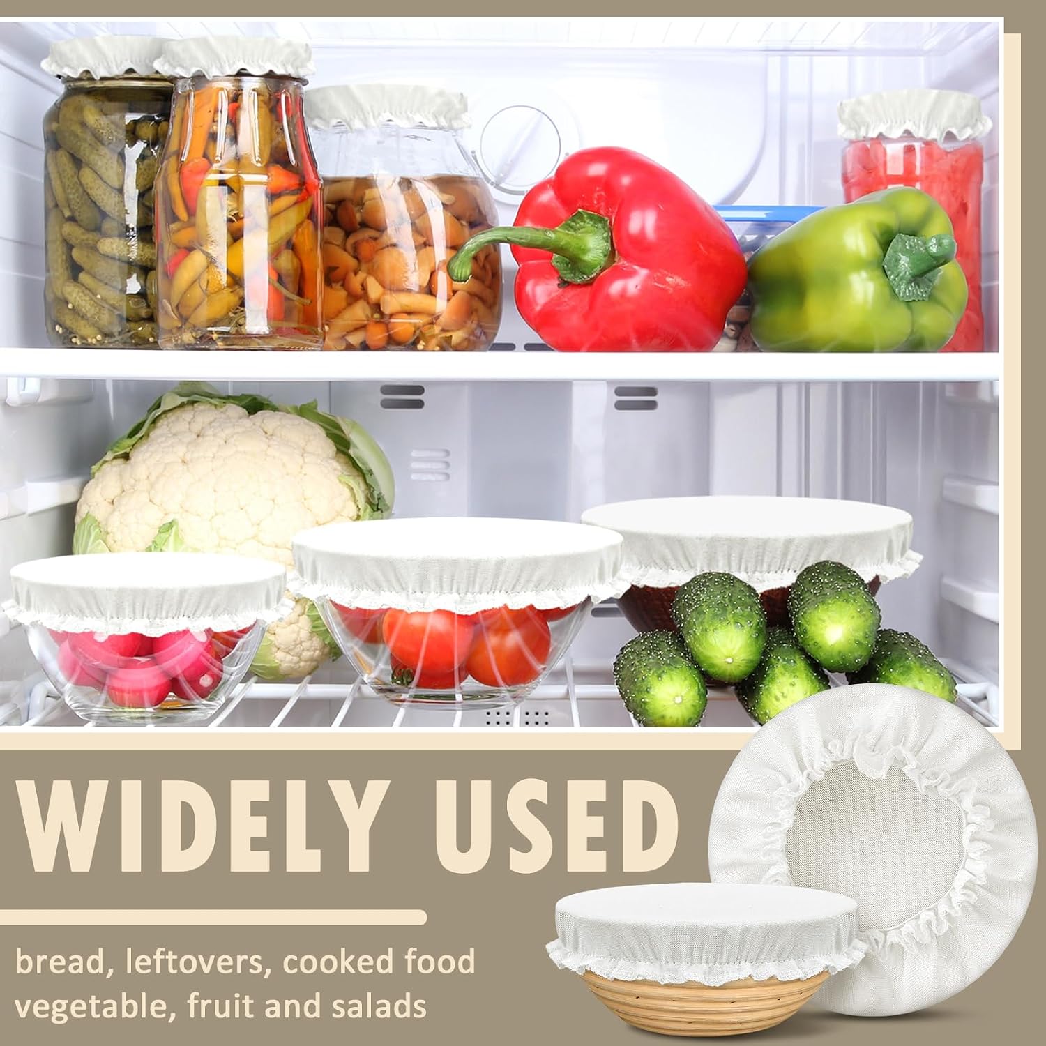 10 Pack Cloth Bowl Covers for Bread Rising - 5 Size Stretch Elastic Food Storage Container Lids - Reusable Cotton Fabric Covers for Food, Fruits, Leftovers (Linen) image 4