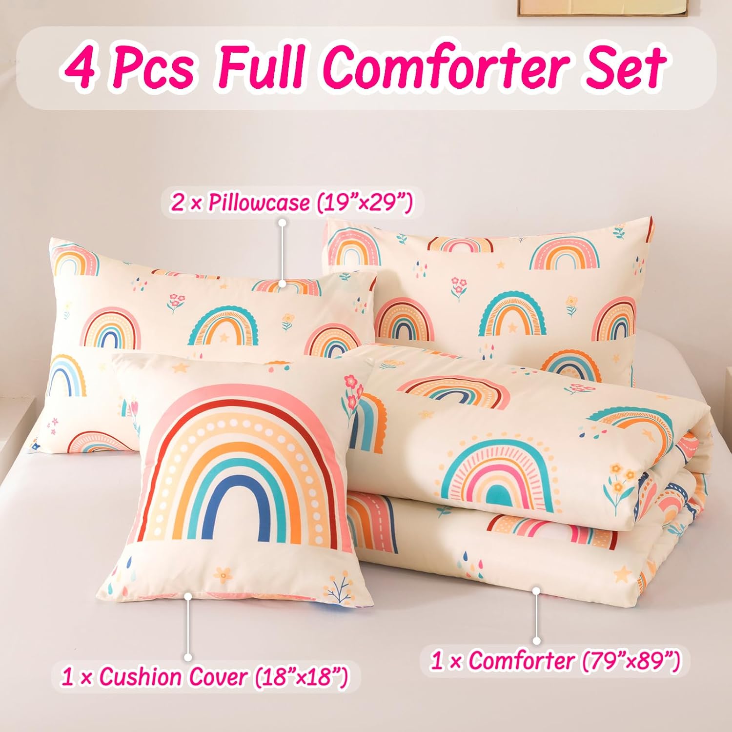 Rainbow Girls Bedding Set Full Size, Love Hearts Rainbow Comforter Set Full Bedding Sets for Girls Kids