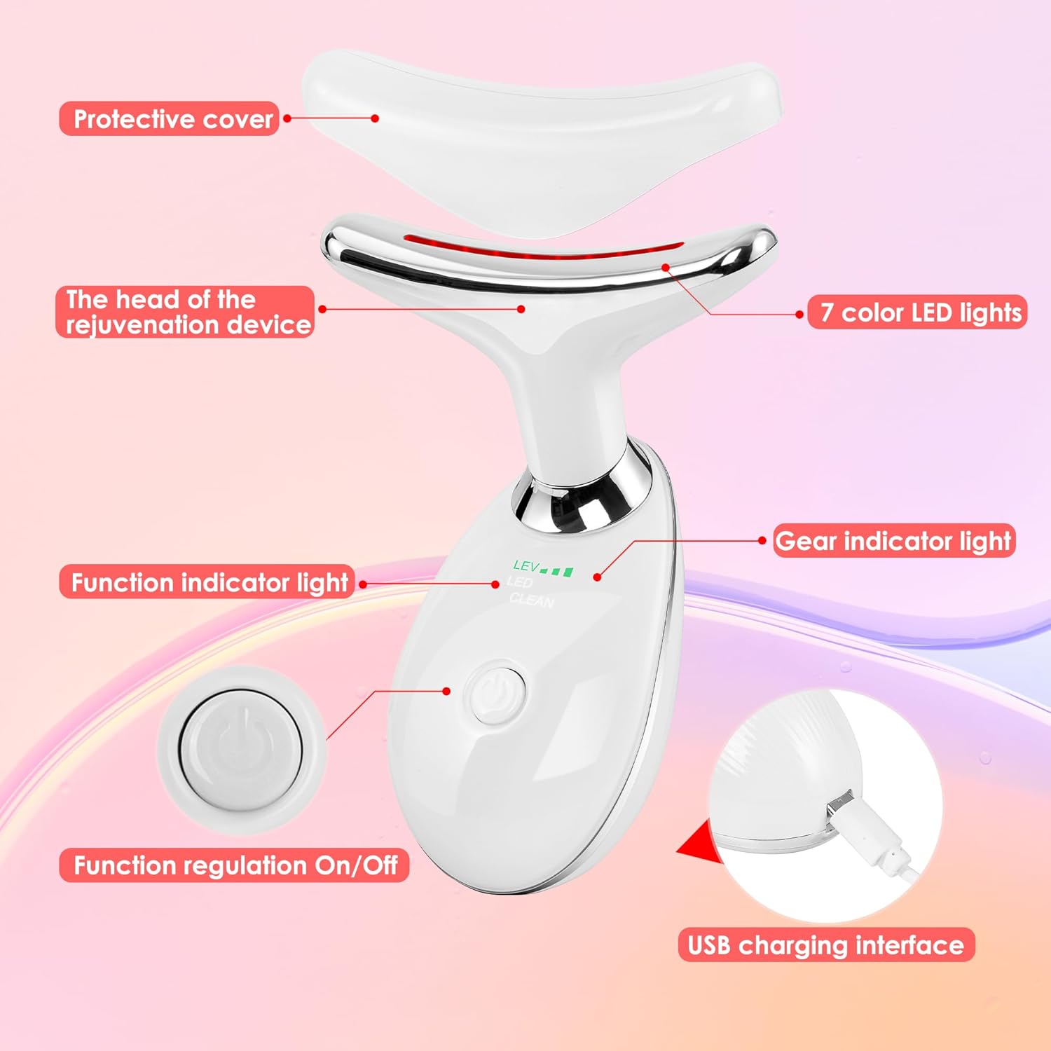 Facial Massager Red-Light-Therapy-for-Face and Neck, Face culpting Wand with 7 Color (White)