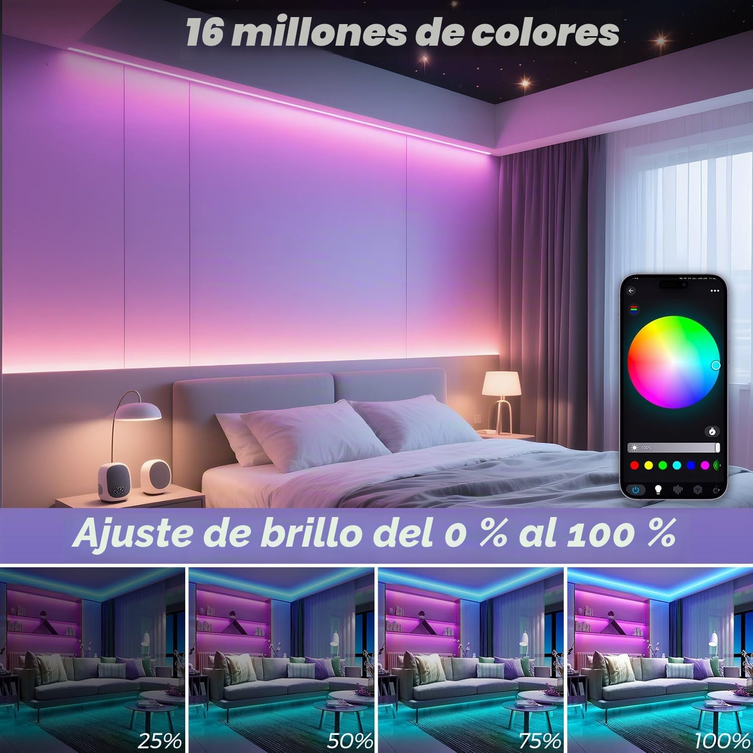 Tira LED COB WIFI de 10M, 24V Smart RGBW tira LED flexible, 672 LED/m de alta densidad COB con controlador y fuente de alimentación, LED interior para armario, dormitorio, armario