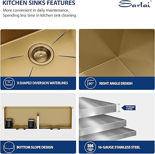 Vista 141 de Sarlai Fregadero doble de 33 piezas para empotrar - Fregadero de cocina de 33 x 19 pulgadas, acero inoxidable de calibre 16, esquina redonda, doble
