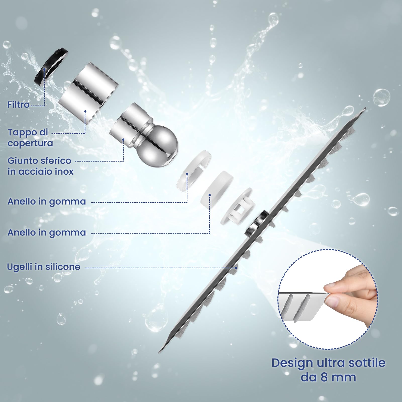 Auralum Soffione Doccia Grande Anticalcare e Alta Pressione - Quadrato 8 Pollici con Ugelli in Silicone Autopulenti - Soffione Doccia Fisso a Pioggia in Acciaio Inox con Girevole a 360° - Cromato