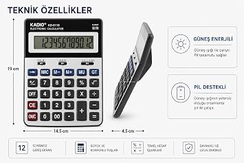Hesap Makinesi, 12 Haneli, Büyük LCD Ekranlı, Güneş Enerjili, Pil Destekli, Otomatik Kapanmalı, Masaüstü, Ofis, Muhasebe, Okul Hesap Makinesi (Büyük Boy)