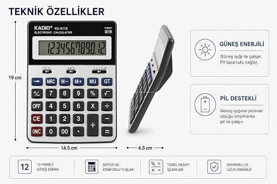 Hesap Makinesi, 12 Haneli, Büyük LCD Ekranlı, Güneş Enerjili, Pil Destekli, Otomatik Kapanmalı, Masaüstü, Ofis, Muhasebe, Okul Hesap Makinesi (Büyük Boy)