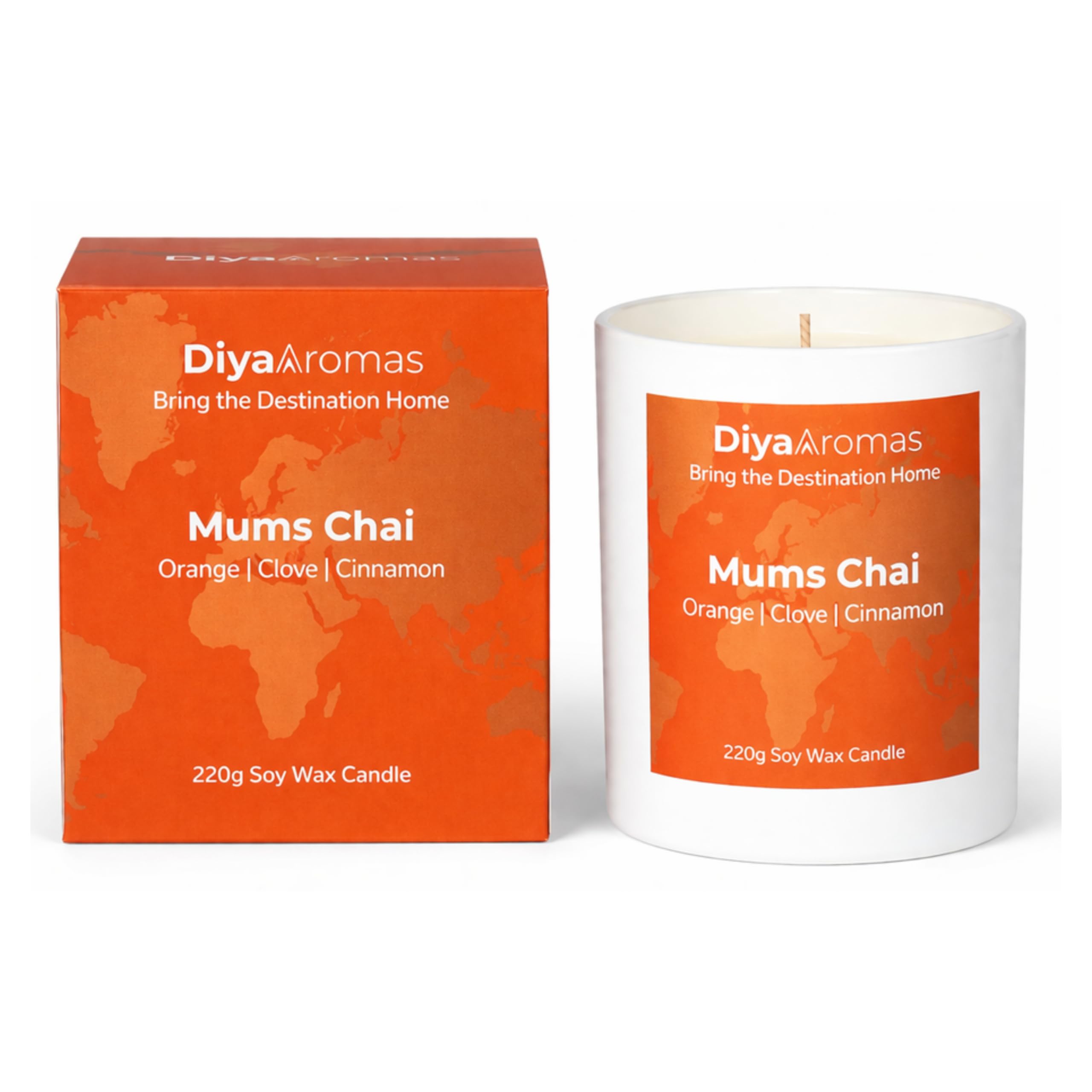 Diya Aromas White Luxury Scented Candle 220G – Mum's Chai | Premium Home Fragrance For Relaxation & Gifting | Warm Spiced Chai Aroma, Soy Wax Blend, Elegant Candle Gift For Mum & Home Ambience