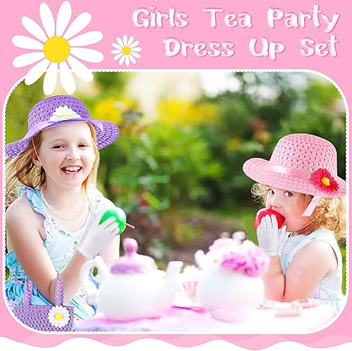 Miniatura 4 de Juego de 48 piezas de disfraces para fiesta de té para niñas, incluye guantes de fiesta de té y sombrero, boa de plumas para niños, bolsos, abanicos