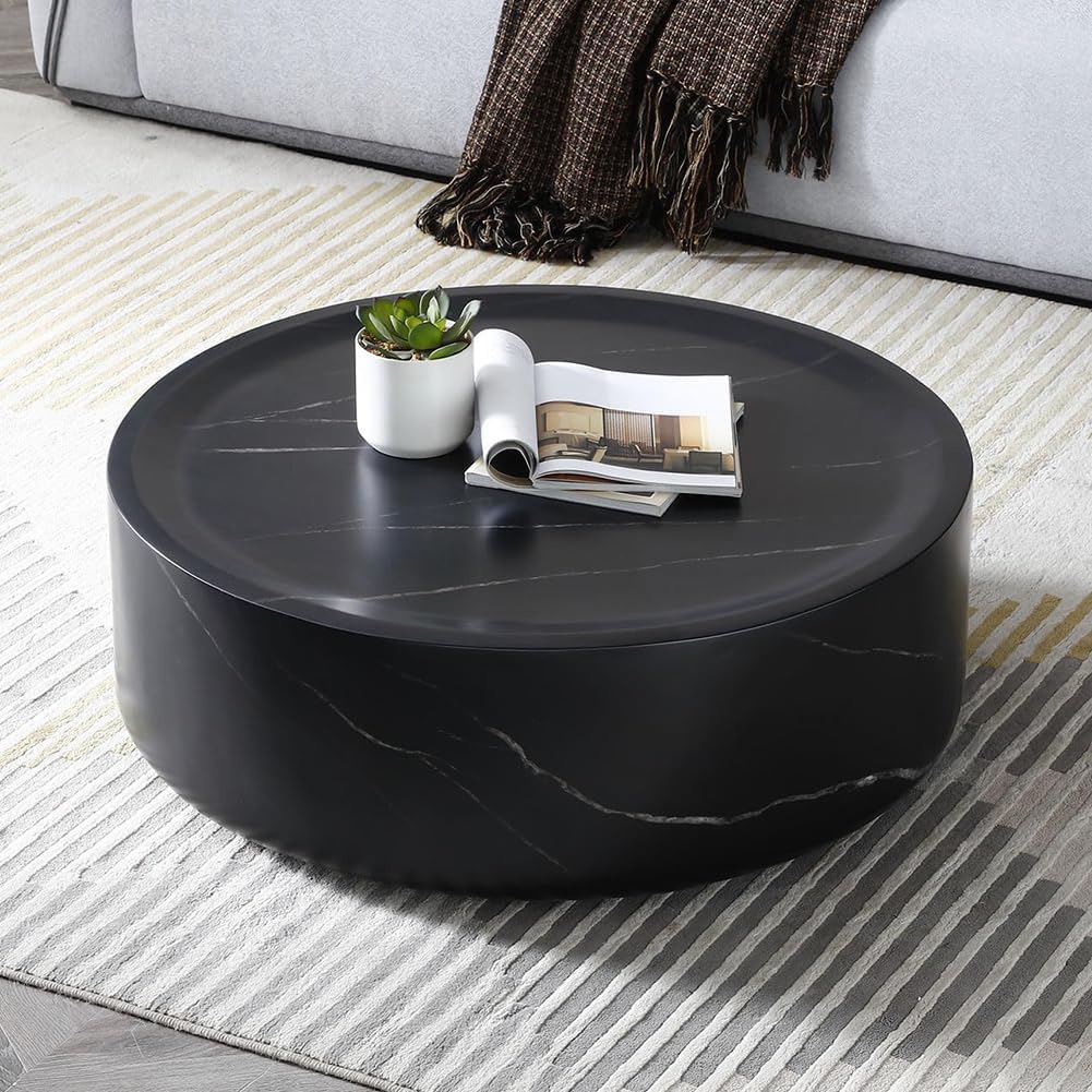 31.49'' Round Coffee Table for Living Room Circle Coffee Table Modern Drum Center Table for Apartment, No Need Assembly (Fiberglass Black