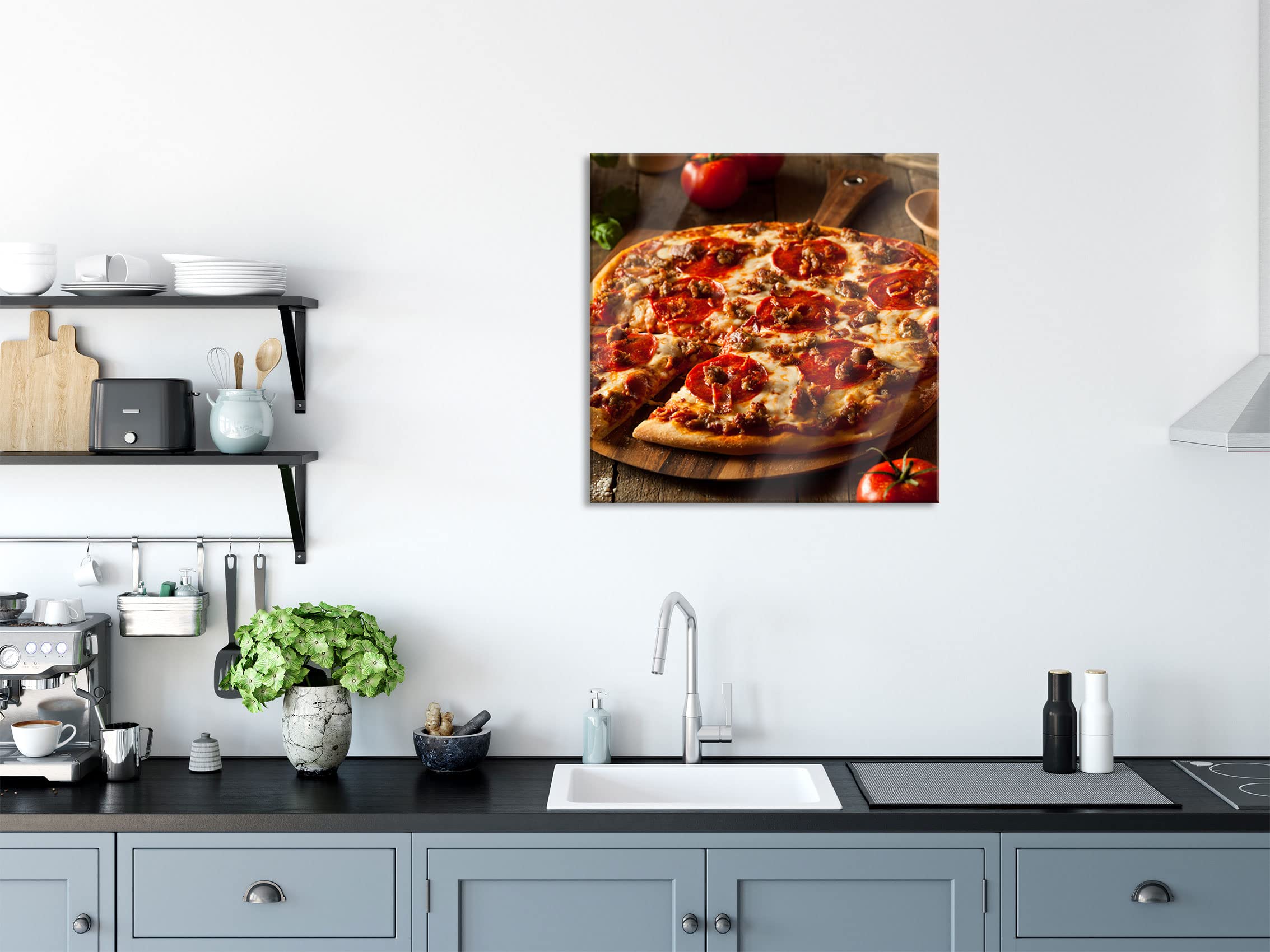 Pixxprint Glasbild, Wandbild auf Echtglas, Pizza mit Salami und Tomaten, 80x80 cm, inkl. Aufhängung und Abstandshalter