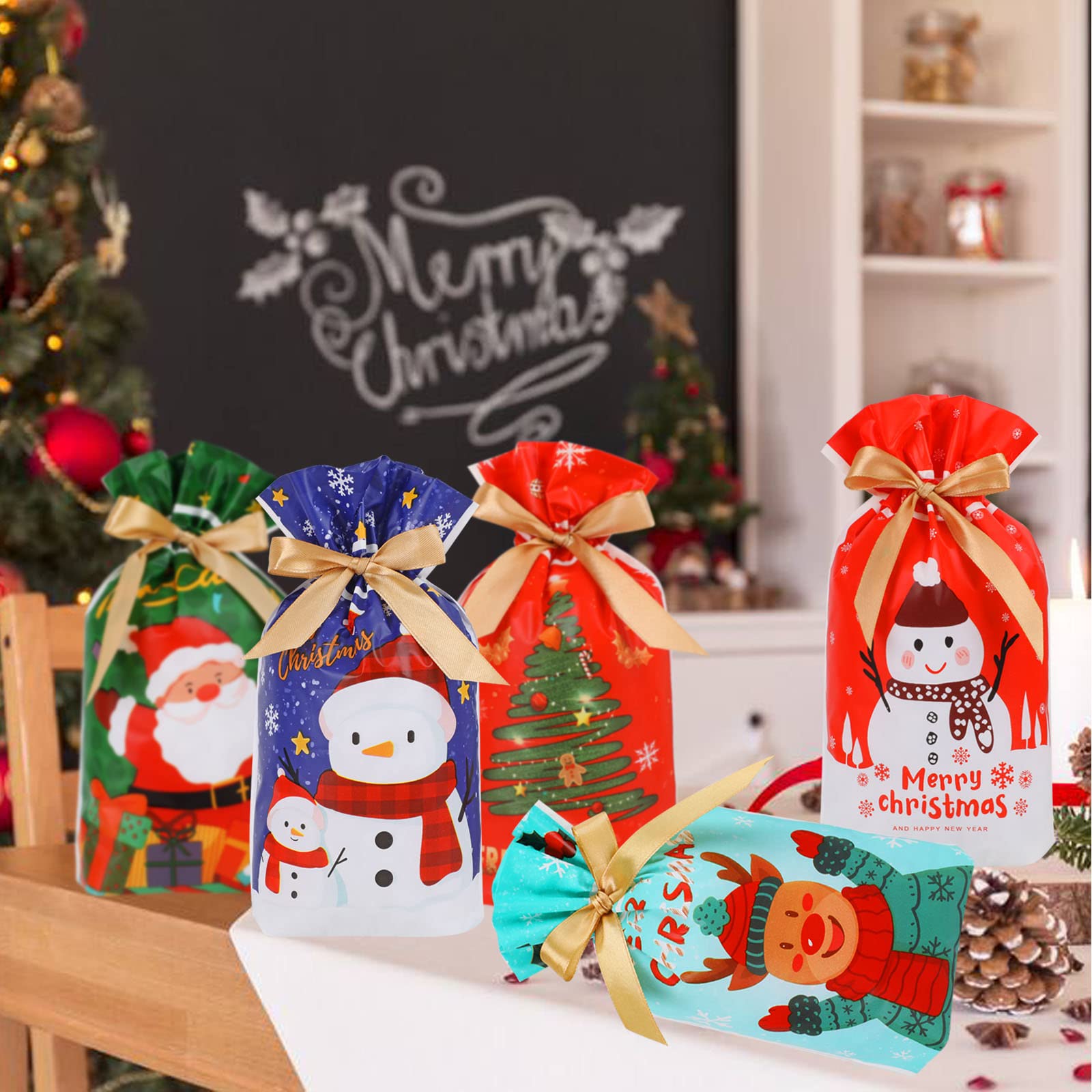 HOWAF 30 Sacchetti Regalo Di Natale Con Coulisse - 16,5x26 Cm, Plastica, Motivi Natalizi, Per Caramelle E Piccoli Regali