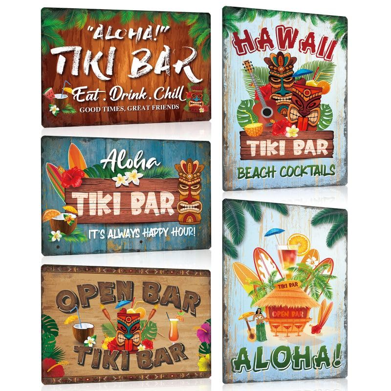 ESFIVHO Lot de 5 Plaque Metal Vintage TIKI BAR - Hawaii Beach Cocktails Panneau Decorative - Pancarte Poster avec Citation Pour la Pub Club Bistro - 20x30cm